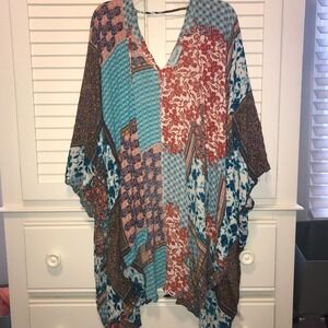 Boho patchwork turquoise multi-color kimono (coverup for resort) One size, loose